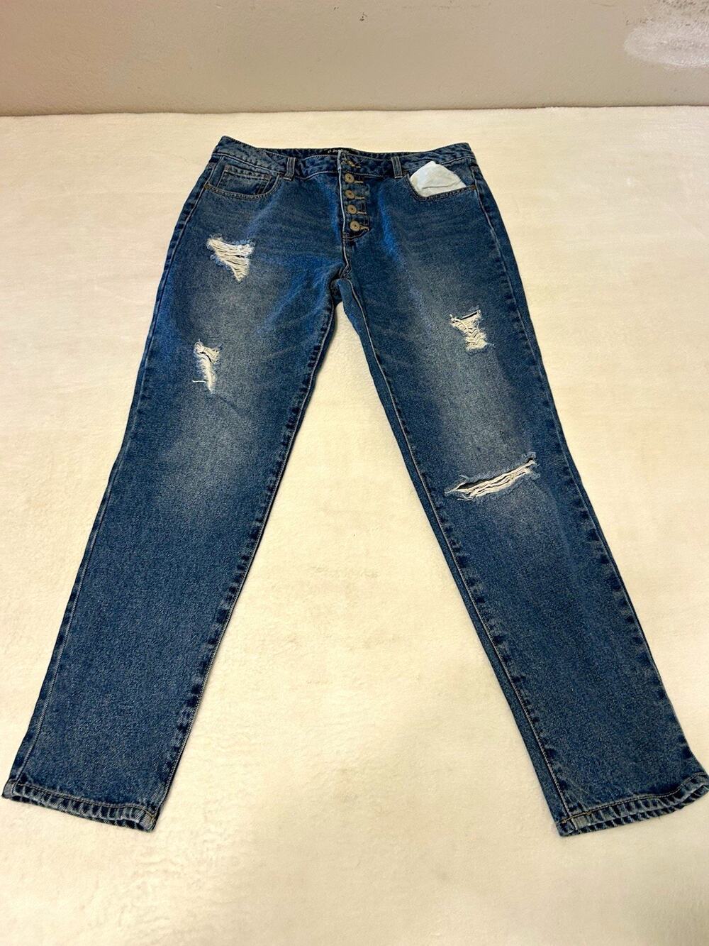 jeans Distressed High Rise Button Fly Jeans Size 10 100% Cotton Straight Leg